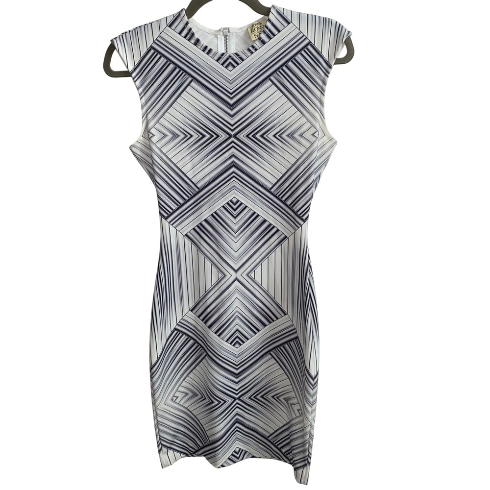 Torn by Ronny Kobo Geometric Op-Art Sleeveless Bodycon Sheath Dress Black White